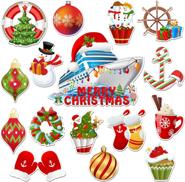 Kanayu 16 Pcs Christmas Cruise Door Decorations Magnetic Xmas Car Magnets Anchor Life Preserver Snowman Christmas Ball Wreath Magnets for Carnival Cruise Car Locker Refrigerator