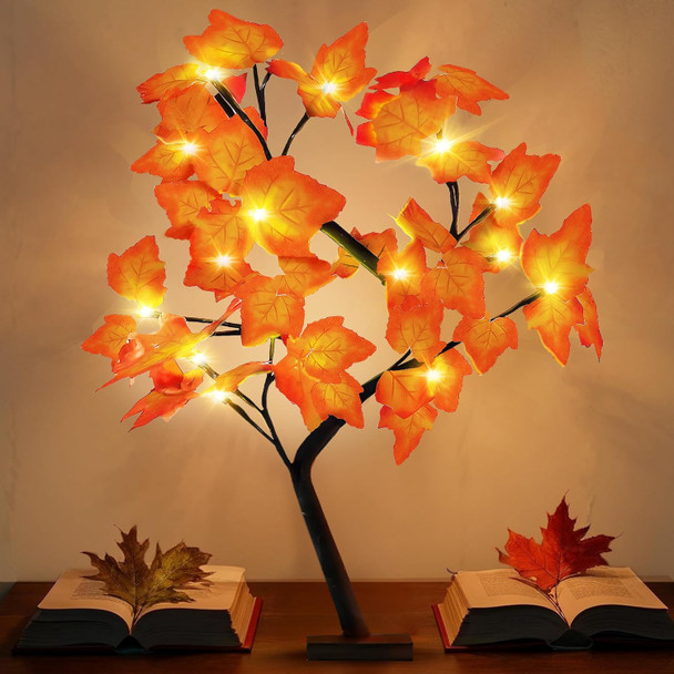 KatchOn, Artificial Maple Tree with Lights - 18 Inch 24 LED Fall Lighted Maple Tree Autumn Trees with Lights, Thanksgiving Decorations Indoor Fall Tree with Lights for Fall Decorations for Home