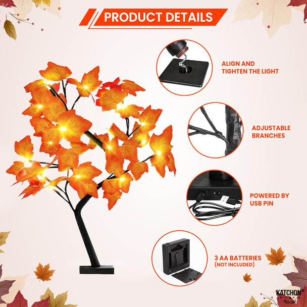 KatchOn, Artificial Maple Tree with Lights - 18 Inch 24 LED Fall Lighted Maple Tree Autumn Trees with Lights, Thanksgiving Decorations Indoor Fall Tree with Lights for Fall Decorations for Home
