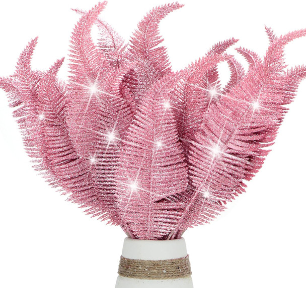 20 Pieces Artificial Christmas Glitter Leaves Branches Sparkly Fake Leaf Sprays for Christmas Tree Picks 10" Ornament Flower Arrangements DIY Crafts Wreaths Holiday Decoration Tree Fillers (Pink)