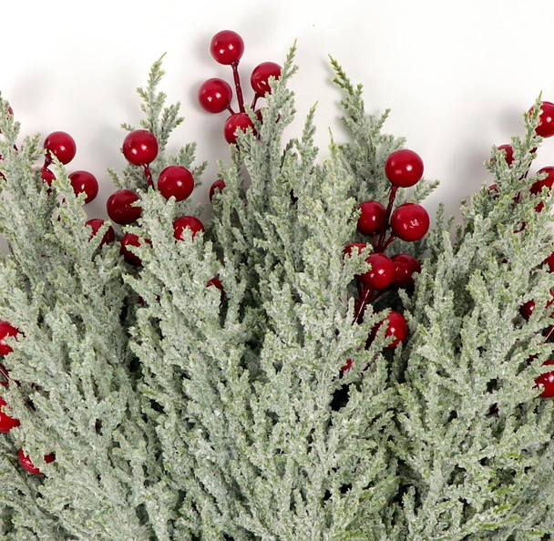 30Pcs Artificial Pine Branches with Red Berry Stems Assorted Faux Cedar Leaves Sprigs Holly Berries Twigs Christmas Tree Picks Greenery Sprays for DIY Craft Wreath Garland Holiday Season Décor (Snow)