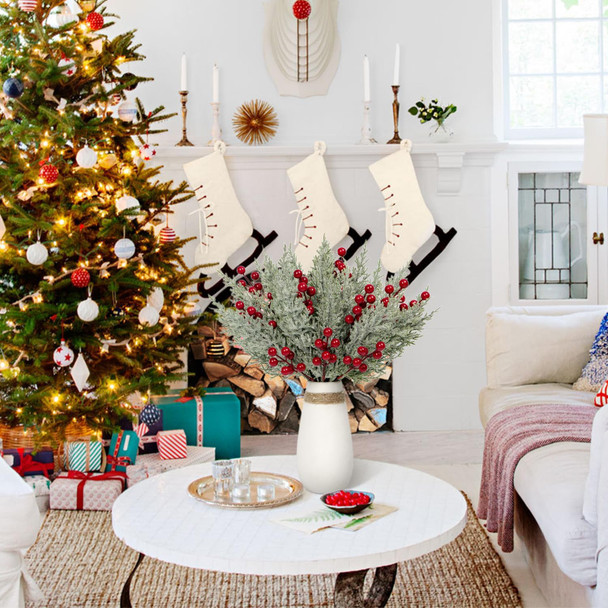 30Pcs Artificial Pine Branches with Red Berry Stems Assorted Faux Cedar Leaves Sprigs Holly Berries Twigs Christmas Tree Picks Greenery Sprays for DIY Craft Wreath Garland Holiday Season Décor (Snow)