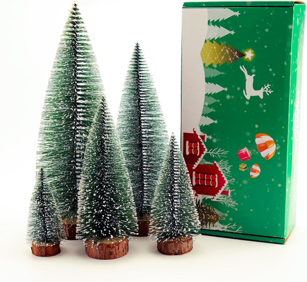 5pcs Mini Christmas Tree, Wooden Base Small Bottle Brush Christmas Tree, Christmas Village Small Christmas Tree, Suitable for Desktop Christmas Decoration, Holiday Party Decoration Crafts