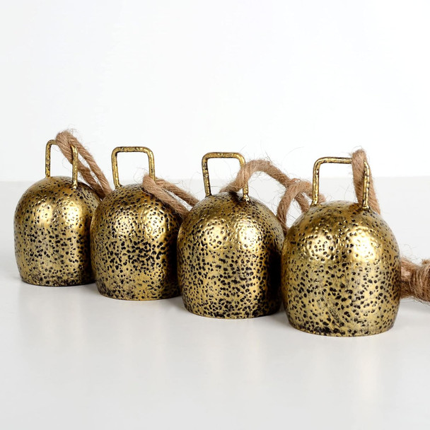 Decorative Bells(2-Piece Set), Tibetan Inspired Meditation Bell, Christmas Decorative Bells with 4 Bells on Jute Hanging Rope, 3" x 2" x 17"