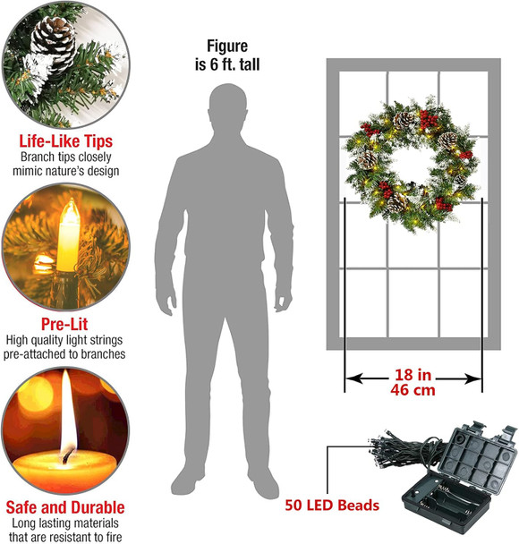 Christmas Wreath,Flocked with Mixed Decorations and 50 LED Light,Christmas Wreaths for Front Door Indoor Window Wall Décor, Outdoor Christmas Decorations(18 inch Battery Not Included)