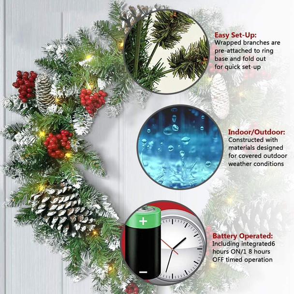 Christmas Wreath,Flocked with Mixed Decorations and 50 LED Light,Christmas Wreaths for Front Door Indoor Window Wall Décor, Outdoor Christmas Decorations(18 inch Battery Not Included)