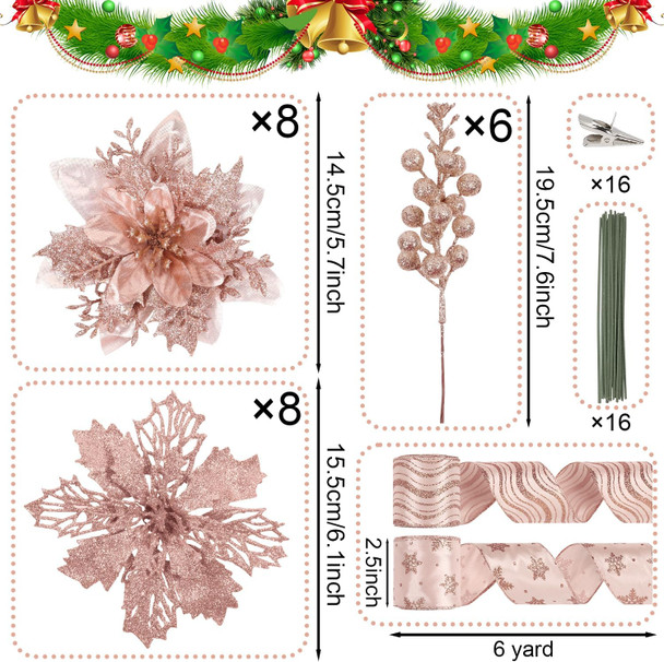 24 Pcs Rose Gold Christmas Tree Decorations Kit Poinsettias Artificial Christmas Flowers Decorations Set Christmas Ribbon Garland for Christmas Tree