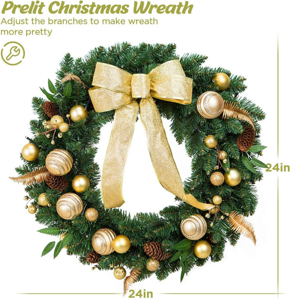 King Bird 24 Inch Battery Operated Christmas Wreath for Front Door, Pre-lit Xmas Wreath Decorated with Gold Bow, Ball Ornaments, Pine Cones, Berries, 50 LED Lights for Wall Windows Home Outdoor Decor