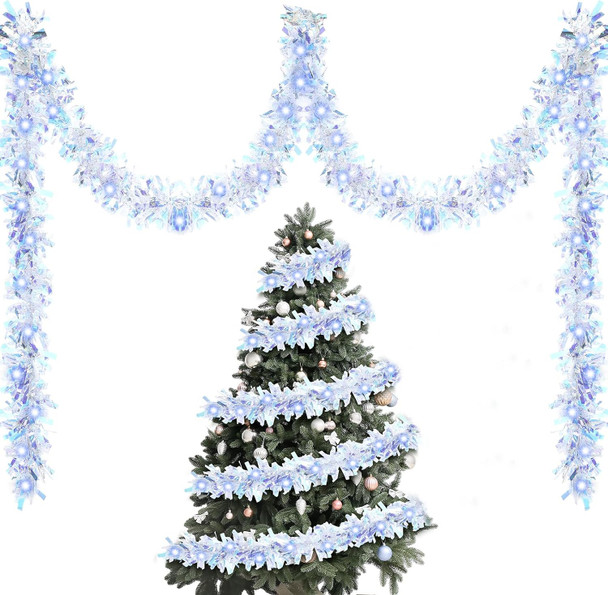 Kingdder 16.4 ft Christmas Prelit Iridescent White Tinsel Garland Metallic Garland with 50 LED Lights Hanging Christmas Garland with Light Xmas Foil Tinsel Garland for Christmas Tree Wedding Party