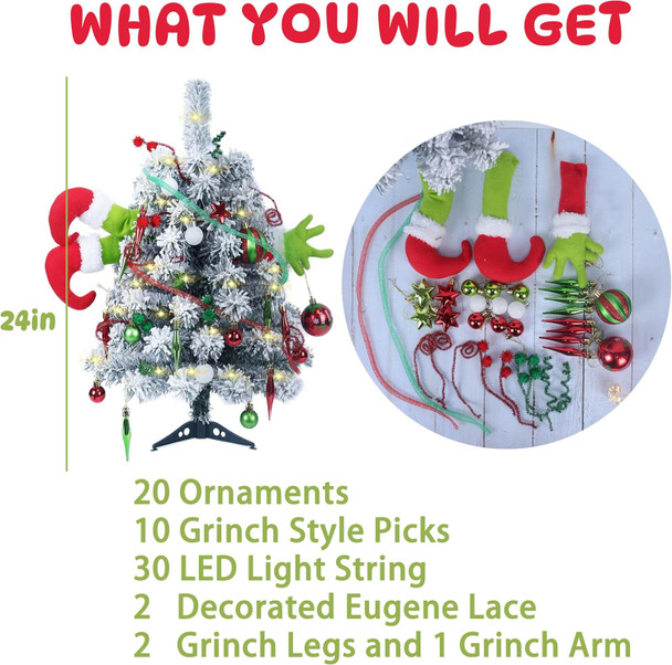 Small Christmas Tree - Mini Christmas Tree with Grinch Ornaments, Flocked Tabletop Christmas Tree, Grinch Christmas Decorations, Grinch Tree, 2 Ft Christmas Tree