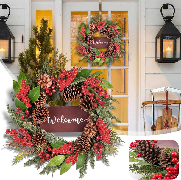 24 Inch Christmas Wreath for Front Door, Artificial with Welcome Sign, Pine Needles, Pine Cones, Red Berries Winter Xmas Wreath for Window Wall Fireplace Farmhouse Holiday Party Decoration