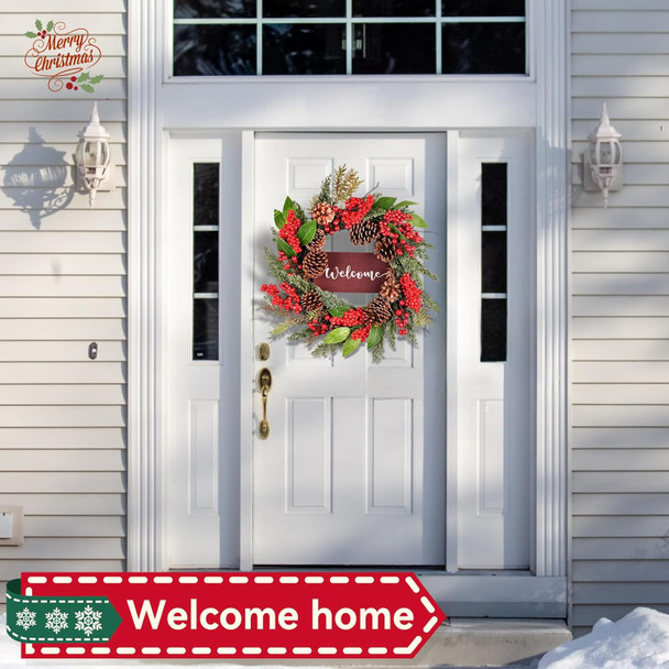24 Inch Christmas Wreath for Front Door, Artificial with Welcome Sign, Pine Needles, Pine Cones, Red Berries Winter Xmas Wreath for Window Wall Fireplace Farmhouse Holiday Party Decoration