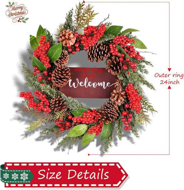 24 Inch Christmas Wreath for Front Door, Artificial with Welcome Sign, Pine Needles, Pine Cones, Red Berries Winter Xmas Wreath for Window Wall Fireplace Farmhouse Holiday Party Decoration