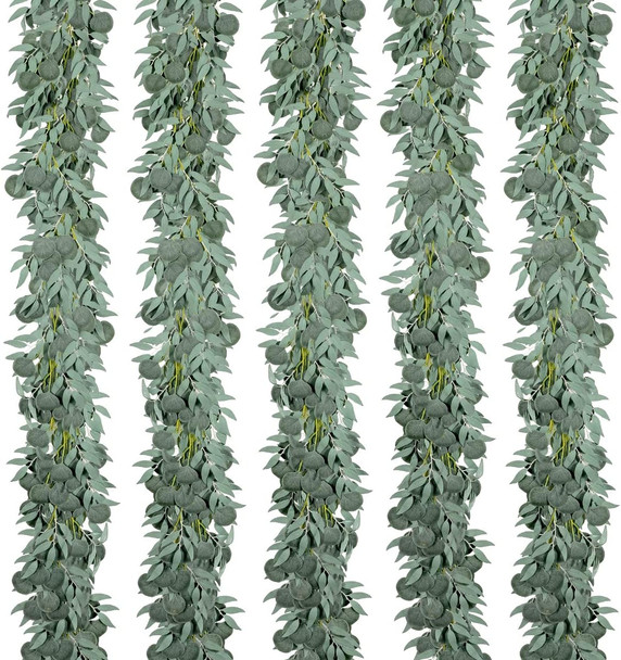 Kisflower 5 Pack 6.56FT Eucalyptus Garlands Artificial Greenery with Willow Leaves Fake Hanging Plants Vines for Wedding Arch Decorations Party Hotel Room Table Home Garden Office Wall Decor