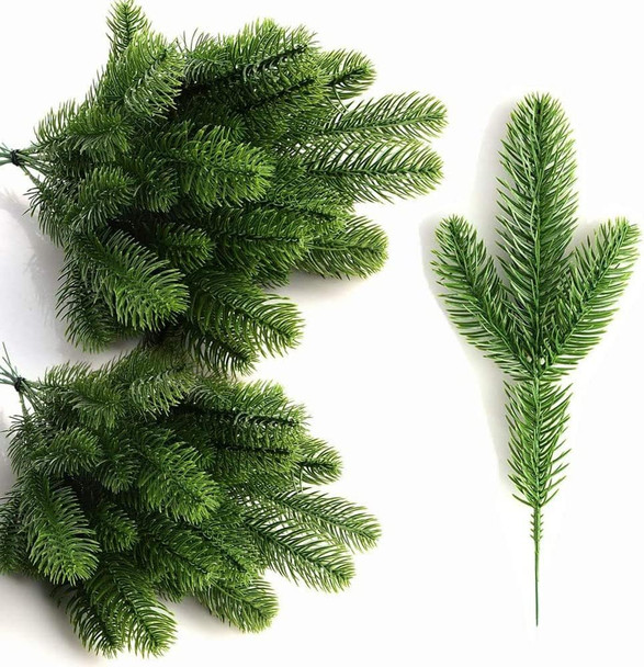 KLEWEE 60 Pcs Artificial Pine Branches, Christmas Tree Filler Branches, Realistic Faux Christmas Greenery Green Plants Pine Picks and Stems for Christmas Decorating Crafts Vase DIY Wreath Garland