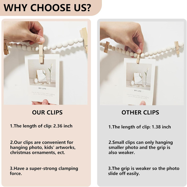 Hanging Photo Display Wall Decor, 2PCS Boho Wooden Bead Garland Collage Picture Frame with 9 Wood Clips for Bedroom, Living Room, Office, Dorm Decor, Photos Holder Teen Girl s