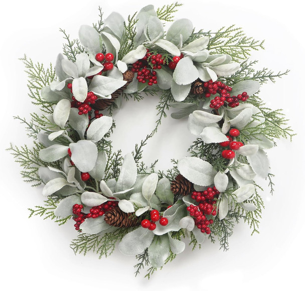 19'' Christmas Wreaths for Front Door, Aesthete Lambs Ear Wreath with Red Berries Pinecone Decor for Indoor Outdoor Christmas Year