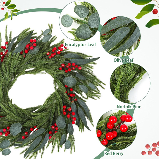 24" Christmas Winter Wreaths for Front Door, Artificial Norfolk Pine Eucalyptus Berry Branches Christmas Door Wreath for Home Office Outdoor Farmhouse Festival Decoration(Berry)