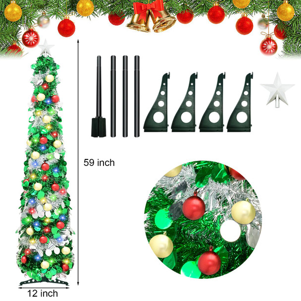 5 Ft Artificial Christmas Tree Pop-Up Collapsible Pencil Christmas Trees with 100 Color, Bright Artificial Tinsel Pencil Tree with Ball Star for Indoor Outdoor Christmas Decorations