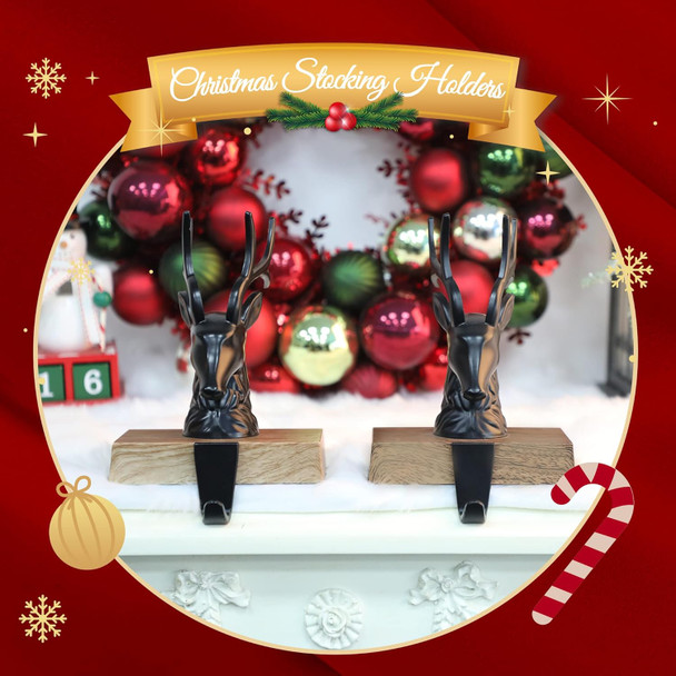 Christmas Stocking Holders for Mantle Set of 2, 3D Reindeer Xmas Fireplace Hanger Hooks Holiday Mantel Garland Clips Metal Grips Black