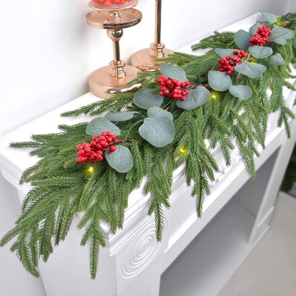 Real Touch Norfolk Pine Garland with Lights, Red Berries and Eucalyptus Leaves, Christmas Garland for Year and Home Decoration, 6FT