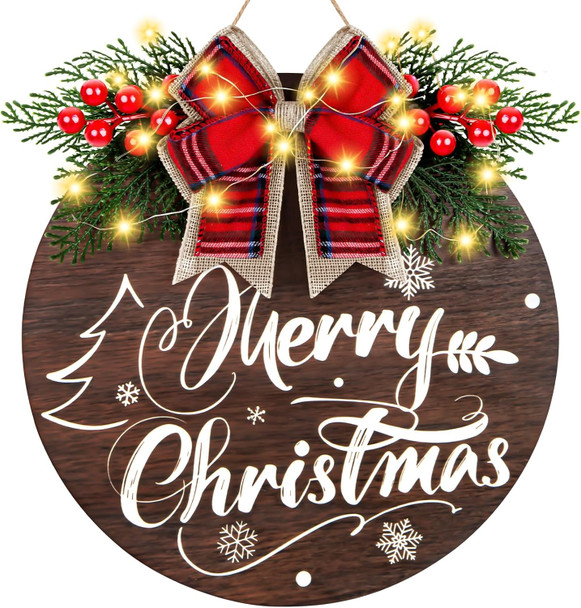 Christmas Door Sign with 30 LED Lights, Lighted Christmas Wreaths for Front Door Wall Porch Window Christmas Decorations, Wooden Hanging Merry Christmas Sign for Farmhouse Indoor Outdoor Decor