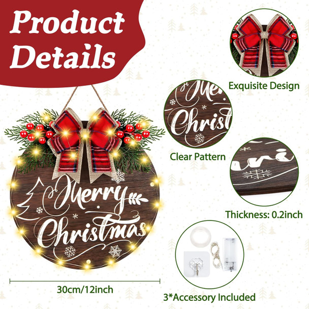Christmas Door Sign with 30 LED Lights, Lighted Christmas Wreaths for Front Door Wall Porch Window Christmas Decorations, Wooden Hanging Merry Christmas Sign for Farmhouse Indoor Outdoor Decor