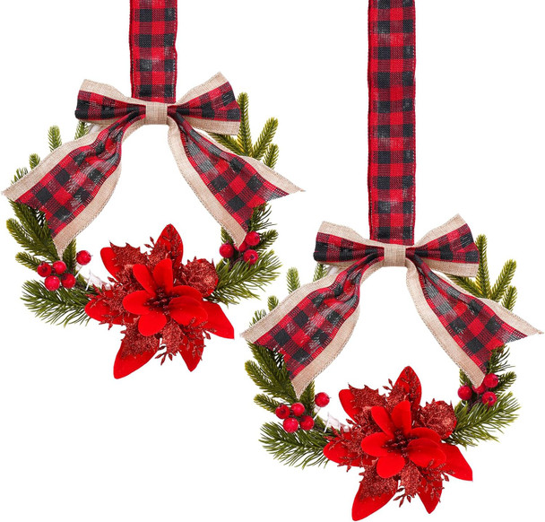 Mini Christmas Wreaths for Kitchen Cabinets - 2 Pcs 10 Inch Small Cabinet Wreath with Plaid Bow Ribbon, Norfolk Pine, Red Berry for Xmas Fireplace Window Farmhouse Indoor Home Wall Decorations