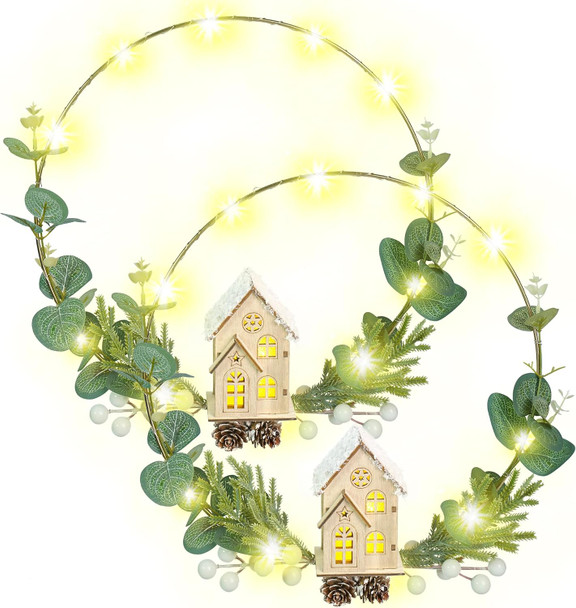 Light Up Christmas Wreath for Front Door - 2 Pcs 12 Inches LED Prelit Christmas Hoop Wreath with Lighted House for Xmas Holiday Winter Decor Modern Mantel Decoration