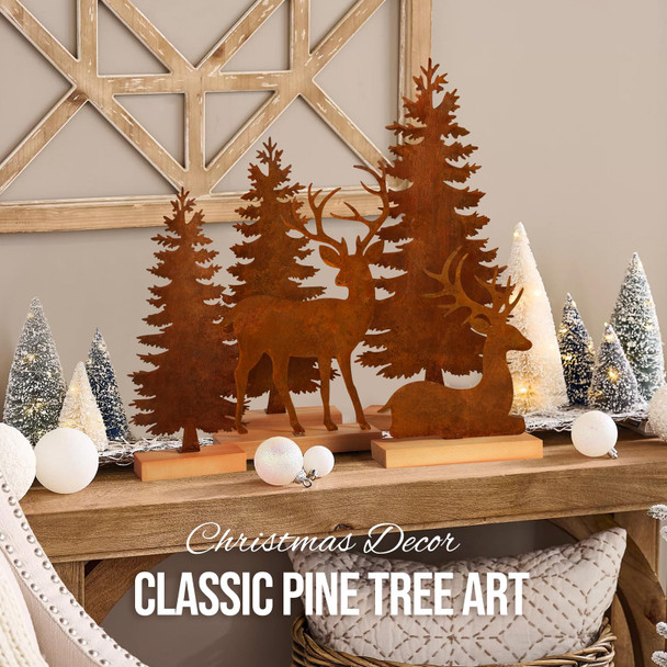 Set of 5 Metal Christmas Pine Tree and Elk Tabletop Decor, Rusty Steel Vintage Evergreen Tree Table Centerpieces - Farmhouse Xmas Holiday Decoration for Room Fireplace Shelf