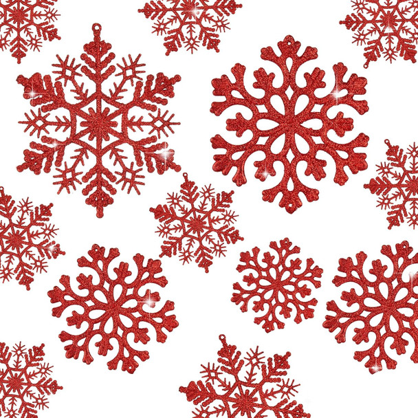 36pcs Christmas Snowflake Ornaments Plastic Glitter Snowflakes Ornaments for Xmas Tree Decorations, 4-inch, Red