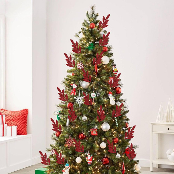 Krissing 60 pcs Christmas Glittered Red Leaves, 13" Artificial Glitter Christmas Tree Branches and Sprays for DIY Wreath Christmas Tree Decorations