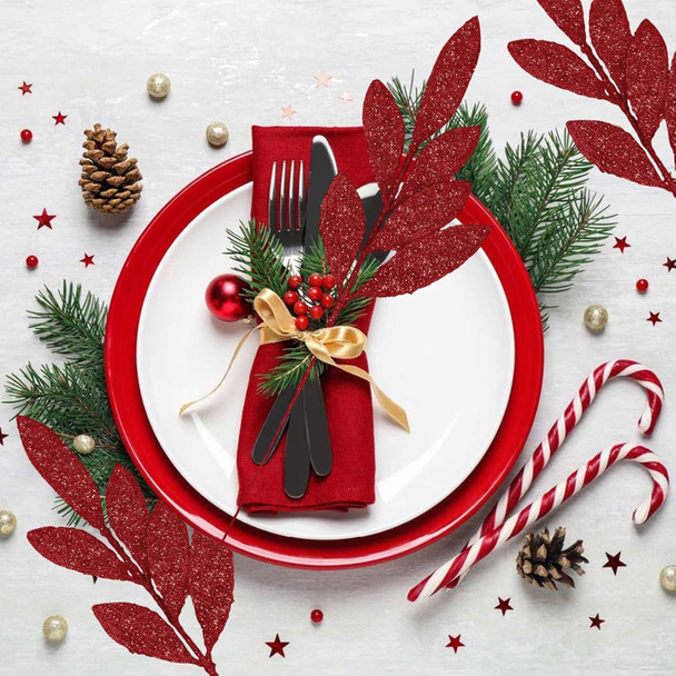 Krissing 60 pcs Christmas Glittered Red Leaves, 13" Artificial Glitter Christmas Tree Branches and Sprays for DIY Wreath Christmas Tree Decorations