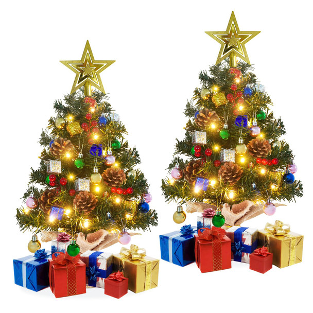 Krissing 2 Pack Mini Christmas Tree, 2FT Artificial Small Christmas Tree with 50 Lights Pine Cone Red Berries Battery Operated Realistic Tabletop Christmas Tree for Indoor DIY Christmas Decorations