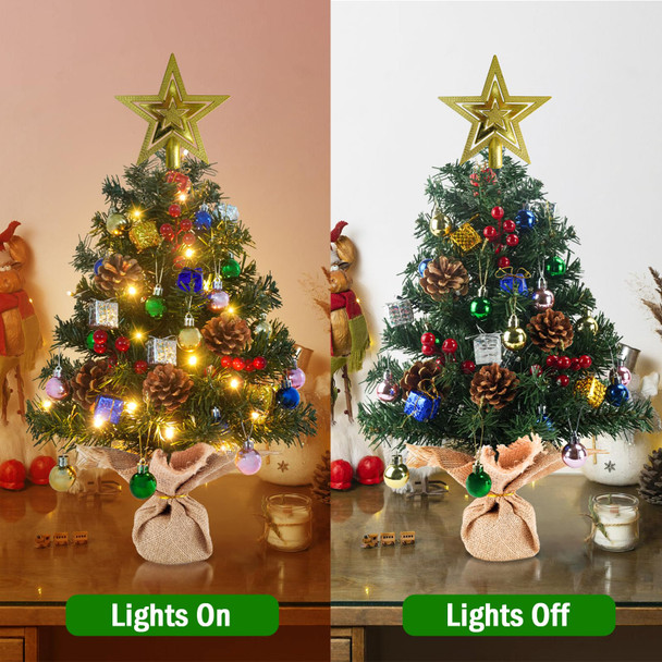 Krissing 2 Pack Mini Christmas Tree, 2FT Artificial Small Christmas Tree with 50 Lights Pine Cone Red Berries Battery Operated Realistic Tabletop Christmas Tree for Indoor DIY Christmas Decorations