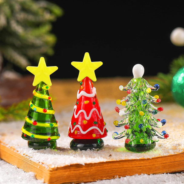 3 Pcs 2 Inch Glass Christmas Tree Miniature Holiday Figurine Christmas Tree Figurines Tabletop Christmas Tree Ornaments Table Centerpiece for Home Office Xmas Decor(Multicolor,Lovely)