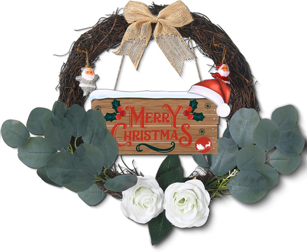 Christmas Wreath 20" Christmas Wreath for Front Door Christmas Garland, Grapevine Wreath Santa Claus Wreath with Merry Christmas Wooden Door Sign Decorations