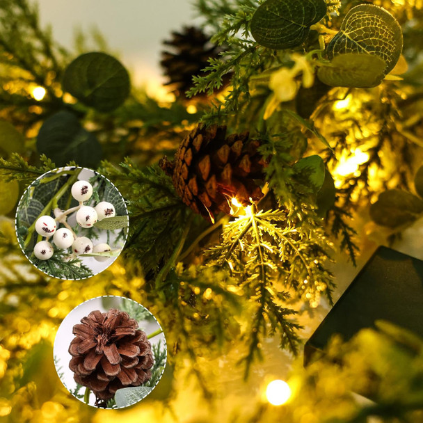 6ft prelit Lighted Christmas Garland with LED Lights,Battery Powered with Pine Cones,Eucalyptus Leaves,Berries, Pine Needles,Christmas Garland for Fireplace Mantle Decorations. (White Berries)