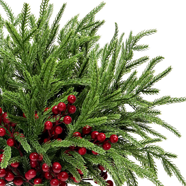 Norfolk Pine Branches Red Berry Stems 17" Artificial Christmas Greenery Picks Fake Pine Needles with Holly Berries for Xmas Tree Filler Decorations Festival Holiday Vase DIY Garland Craft (8, Green)