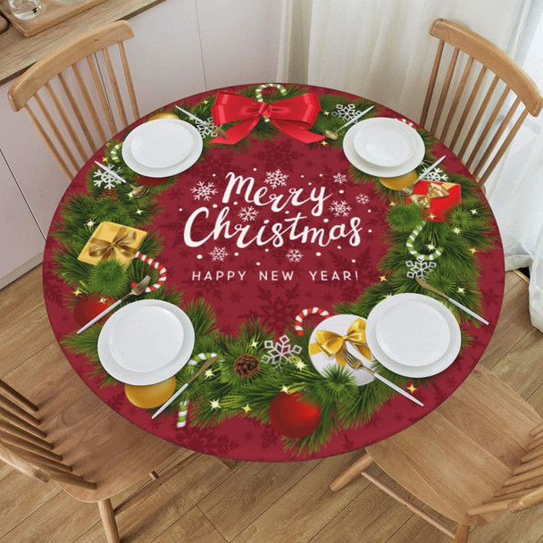 Merry Christmas Garland Round Fitted Tablecloth with Elastic Edged Decorative Kitchen Dining Table Cloth Cover Fits 45-50" Round Table (45-50)