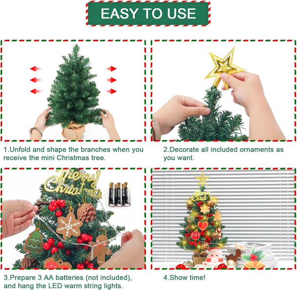 Artificial Mini Christmas Tree, 21 Inch Small Tabletop Xmas Tree with Star Treetopper Hanging Ornaments for Holiday Indoor Home Desktop Christmas Decoration