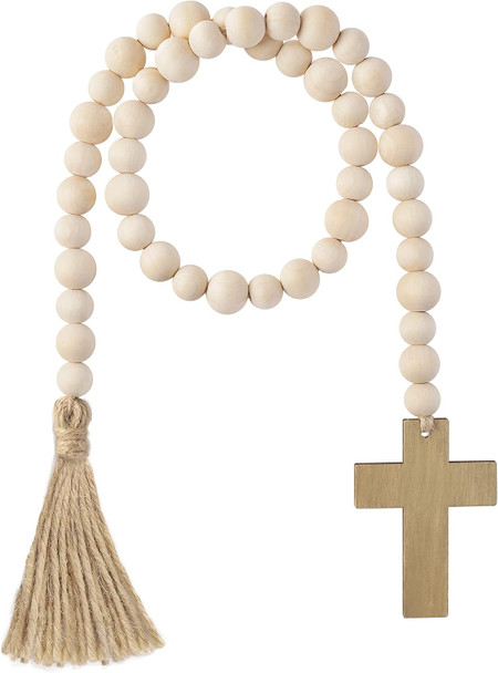 L1rabe Easter Wooden Bead Garland - Easter Jesus Cross Ornaments Bead Decoration Easter Hanging Decor Fireplace Ornaments Farmhouse Tiered Tray Prayer Bead for Easter Spring Holiday Party