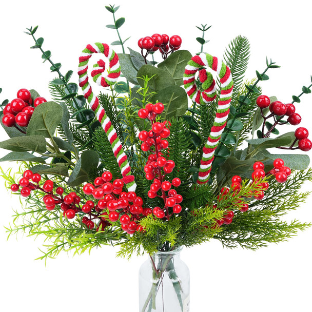 10 Pcs Christmas Flowers Artificial Pine Branches with Red Berry Stems Christmas Tree Picks Floral Arrangements for Xmas Tree Topper Vase Filler Craft Wreath Holiday Party (Red&Green)