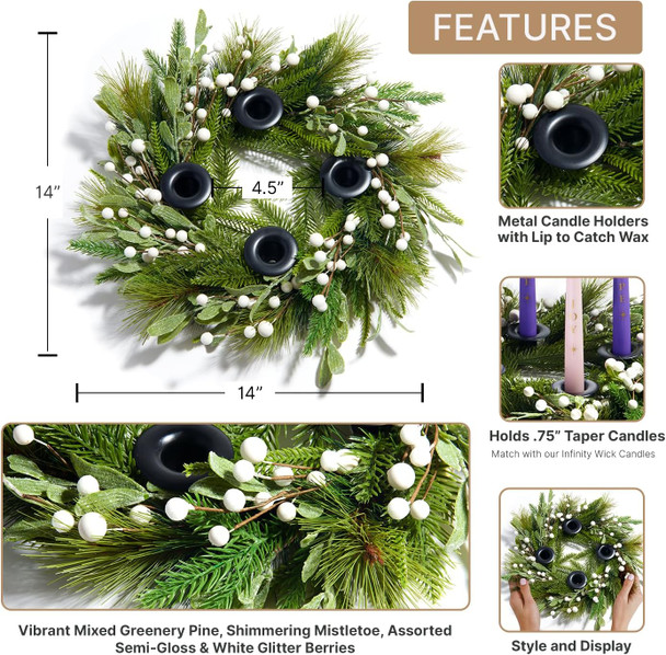 LampLust Advent Wreath Candle Holder, 14 Inch Advent Candle Wreath, Pine Candle Ring with White Berries and Black Candle Holders, Traditional Catholic Advent Wreath Christmas Decoration Set