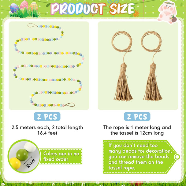 2 Pcs 16.4 ft Wood Beads Pastel Garland and 2 Pcs 88.19 Inch Jute Rope Tassel 2.5 Meter Spring Colorful Wooden Beads and 1 Meter Boho Rope for Home Tiered Tray Christmas Tree Decorations