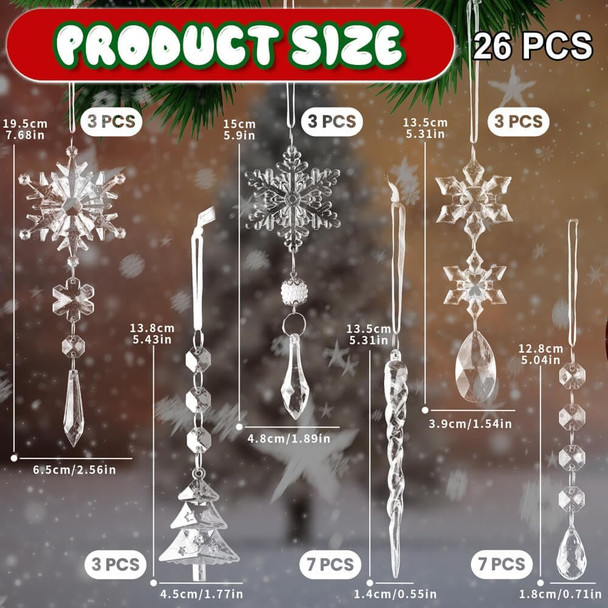 Lanpn 26PCS Christmas Ornaments Crystal Christmas Tree Decoration, Hanging Clear Acrylic Snowflake Icicle Drop Pendants for Xmas Winter Outdoor Indoor Party Decoration Transparent