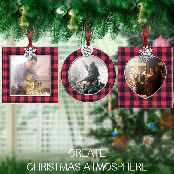 Laraine Christmas Tree Ornaments 3 Pieces – Decorative Hanging Plaid Pendant with 2.5” Picture Frame Insert for Baby and Pet Holiday Keepsake (Plaid-Red&Black ())