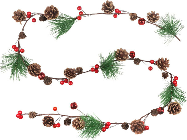 6.6FT Christmas Garland Decoration Pine Garland Cedar Garland Pine Cones Garland with Red Berry Bells Christmas Garland for Mantle Tree Stairs Railing Door Decoration Winter Indoor Outdoor Decor