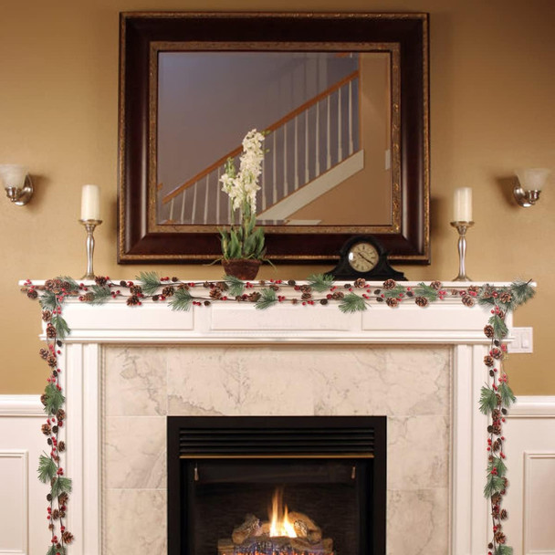 6.6FT Christmas Garland Decoration Pine Garland Cedar Garland Pine Cones Garland with Red Berry Bells Christmas Garland for Mantle Tree Stairs Railing Door Decoration Winter Indoor Outdoor Decor