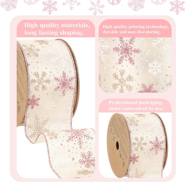 LaRibbons Pink Christmas Wired Ribbon, 2.5 Inch x 10 Yards Champagne Pink Snowflake Satin Ribbon for Tree Decoration,Wreath,Bows, Wrapping